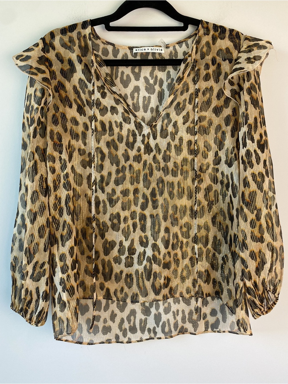 Alice + Olivia Womens Sissy Leopard Silk Blouse XS Ruffle Sheer Metallic Chic